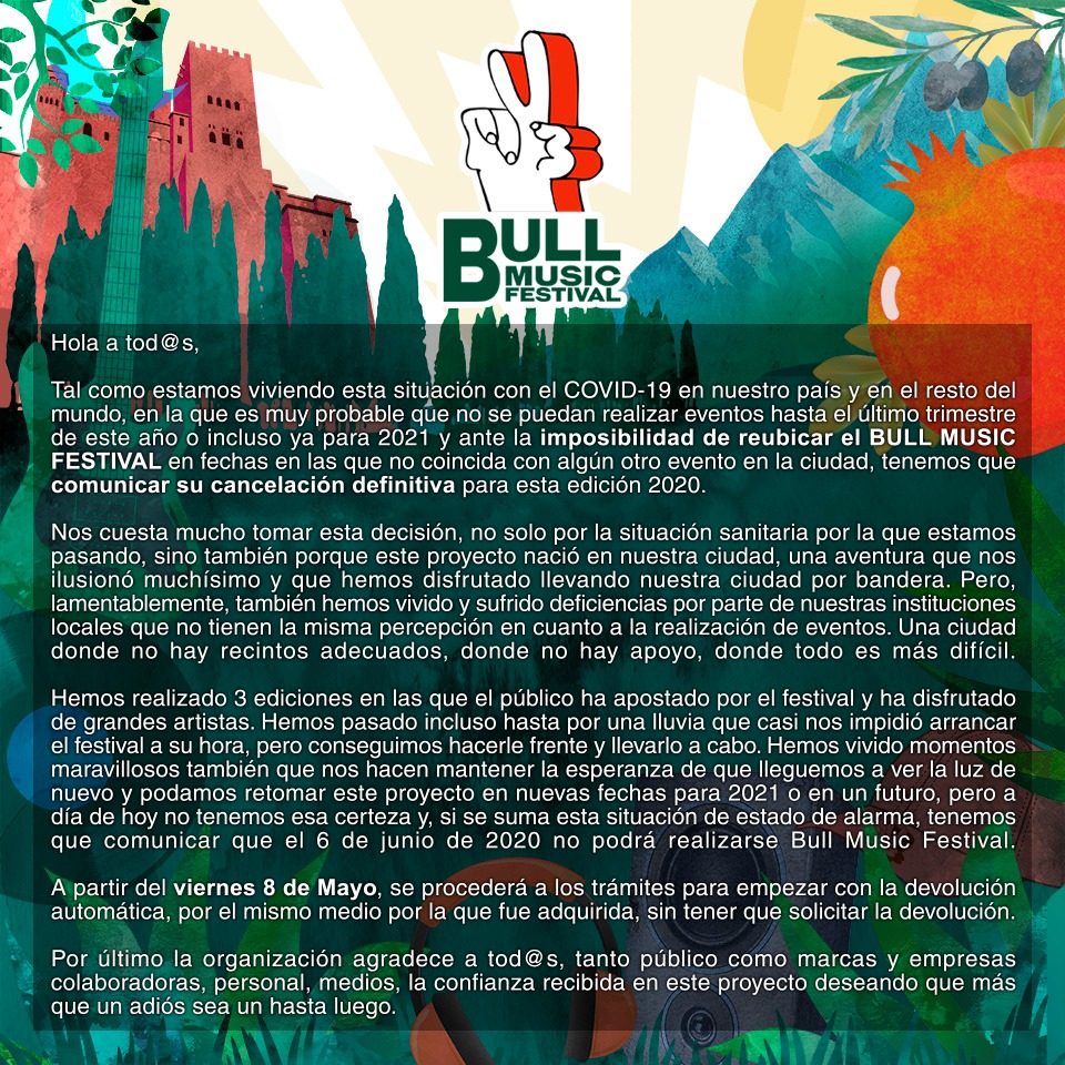 Comunicado cancelación Bull Music Festival-Granada
